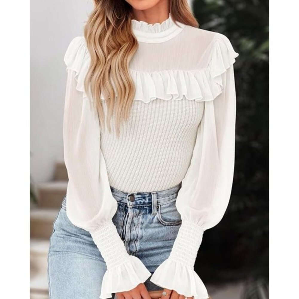 Women's White Ruffle Mock Neck Bell Sleeve Chiffon Knit Shirt